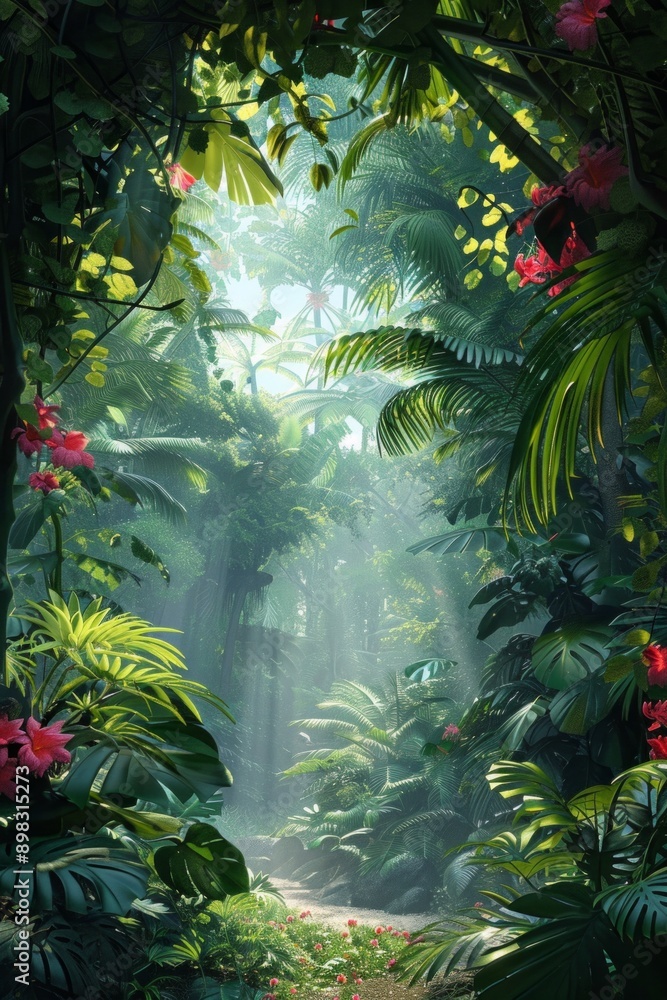 Jungle Canopy View. A frame of dense tropical foliage, with exotic flowers and hanging vines. The center opens to a misty jungle path, with beams of sunlight filtering through the leaves. Jungle Canopy View. A frame of dense tropical foliage, with exotic flowers and hanging vines. The center opens to a misty jungle path, with beams of sunlight filtering through the leaves.