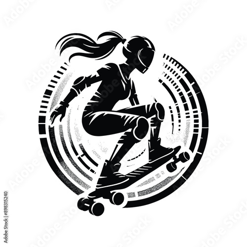 Skateboarding, longboarding  female player in cyberpunk pattern illustration, emblem shield badge