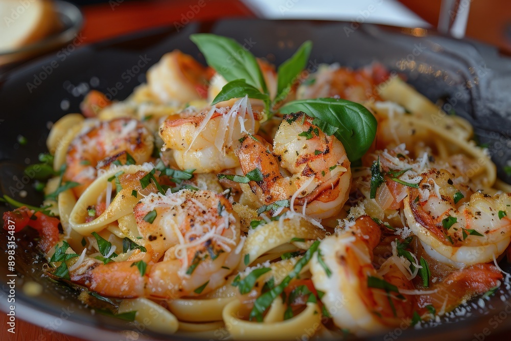 A dish of seafood pasta, with linguine, shrimp, scallops, and a garlic white wine sauce, garnished with grated Parmesan and basil. A dish of seafood pasta, with linguine, shrimp, scallops, and a garlic white wine sauce, garnished with grated Parmesan and basil.