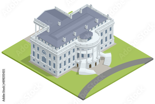 Isometric United States Capitol building with American flag, Washington DC, USA.