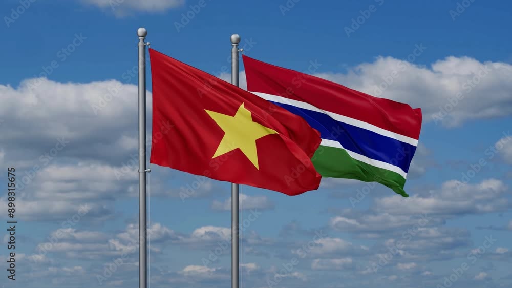 Gambia and Vietnam flags flying together, video concept of the relationship, two country relations concept Gambia and Vietnam flags flying together, video concept of the relationship, two country relations concept