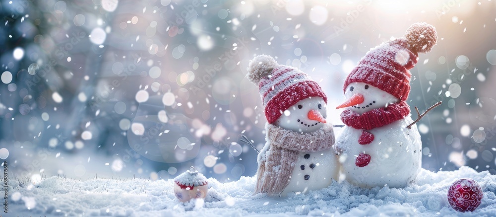 A charming winter scene featuring a girl and a boy snowman with cozy knitwear set on snow with space for text or images Ideal for a festive or romantic card. Creative banner. Copyspace image A charming winter scene featuring a girl and a boy snowman with cozy knitwear set on snow with space for text or images Ideal for a festive or romantic card. Creative banner. Copyspace image