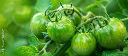 A close up of a bunch of green tomatoes on a bush in the garden isolated with copy space image