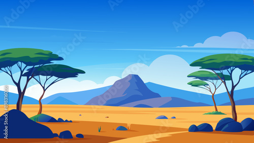 African savannah landscape with trees, rocks, and open grassland under a clear blue sky