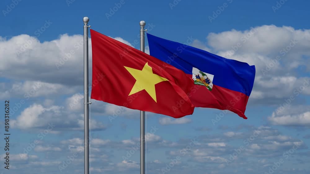 Haiti and Vietnam flags flying together, video concept of the relationship, two country relations concept Haiti and Vietnam flags flying together, video concept of the relationship, two country relations concept