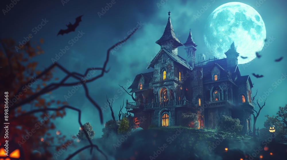 An eerie mansion stands on a hill under a bright full moon, surrounded by bats, glowing jack-o'-lanterns, and twisted bare trees. Perfect for Halloween-themed art. An eerie mansion stands on a hill under a bright full moon, surrounded by bats, glowing jack-o'-lanterns, and twisted bare trees. Perfect for Halloween-themed art.