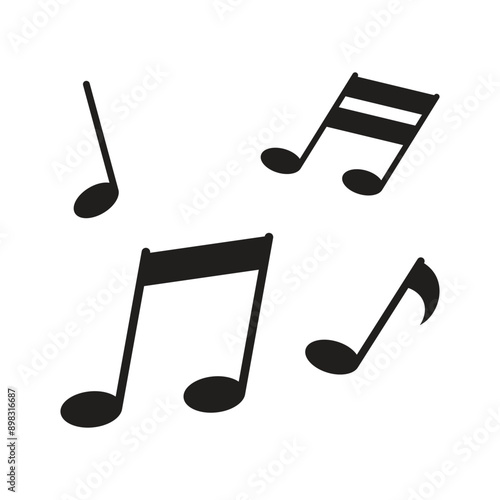 Musical notes, black symbols on a white background, illustration for design and education.