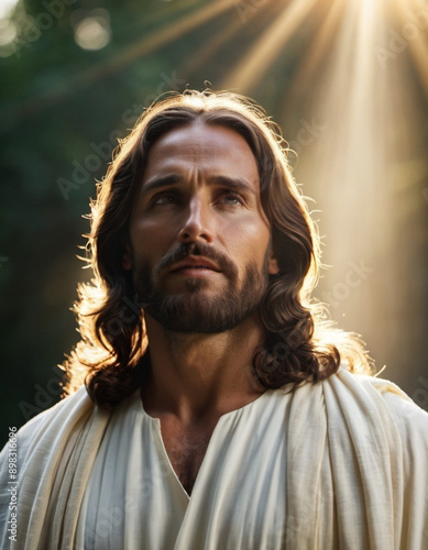 Portrait of a Man Dressed as Jesus. White robe. Long brown hair and beard. Man appears to be in his early 30s, and he has a serious expression on his face. Christian religion and faith. AI