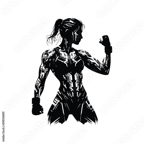 mma, mix martial art  female player in cyberpunk pattern illustration, emblem shield badge