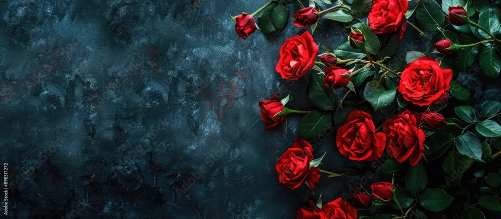 A cluster of vibrant red roses set against a dark backdrop ideal for a copy space image