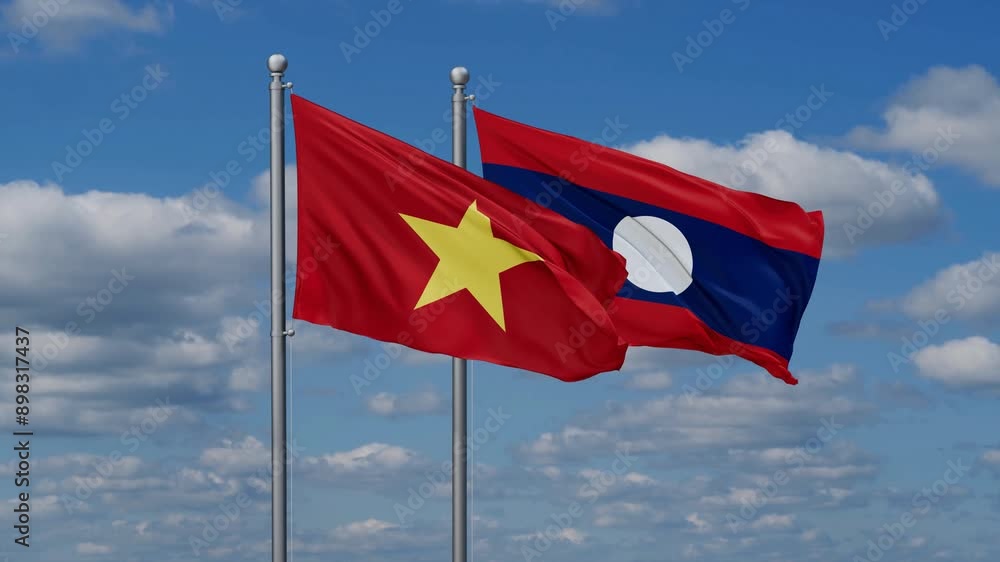 Laos and Vietnam flags flying together, video concept of the relationship, two country relations concept Laos and Vietnam flags flying together, video concept of the relationship, two country relations concept
