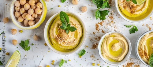 Flat lay arrangement showcasing a nutritious homemade hummus with tahini lime olive oil and chickpeas suitable for dipping sandwiches salads and burgers with room for a recipe in the image