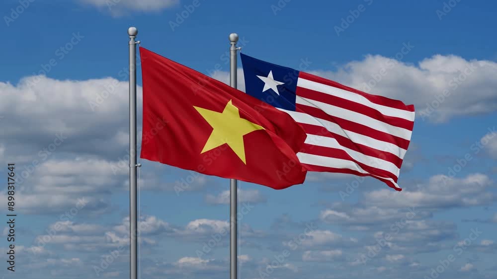 Liberia and Vietnam flags flying together, video concept of the relationship, two country cooperation concept