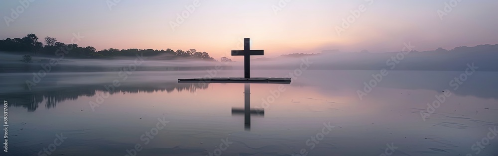Solitary Cross Over Misty Water at Dawn Solitary Cross Over Misty Water at Dawn