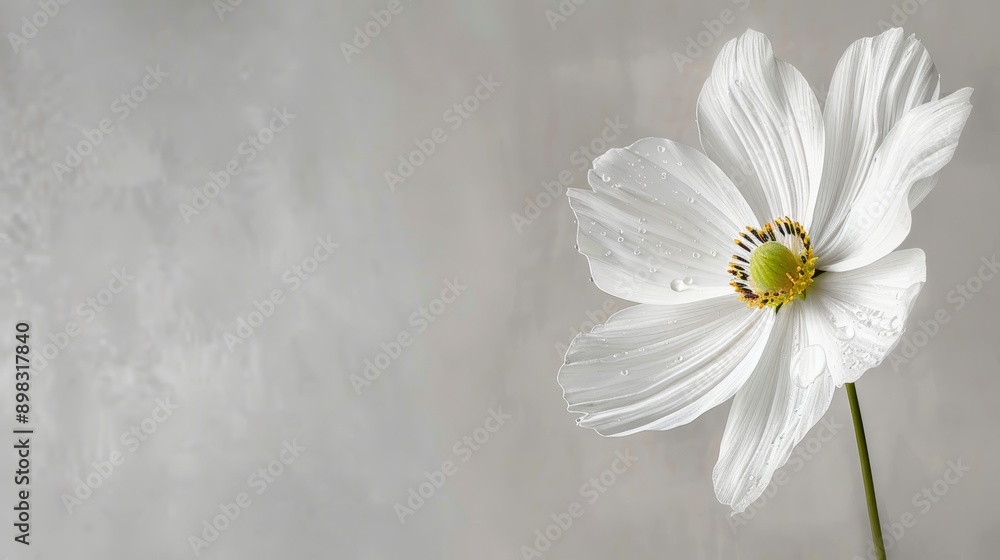 A white bloom with a yellow core against a gray backdrop, adorned by a droplet at its heart A white bloom with a yellow core against a gray backdrop, adorned by a droplet at its heart
