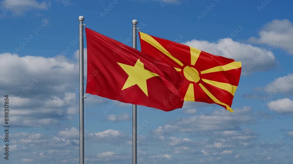 Vietnam and North Macedonia flags flying together, video concept of the relationship Vietnam and North Macedonia flags flying together, video concept of the relationship