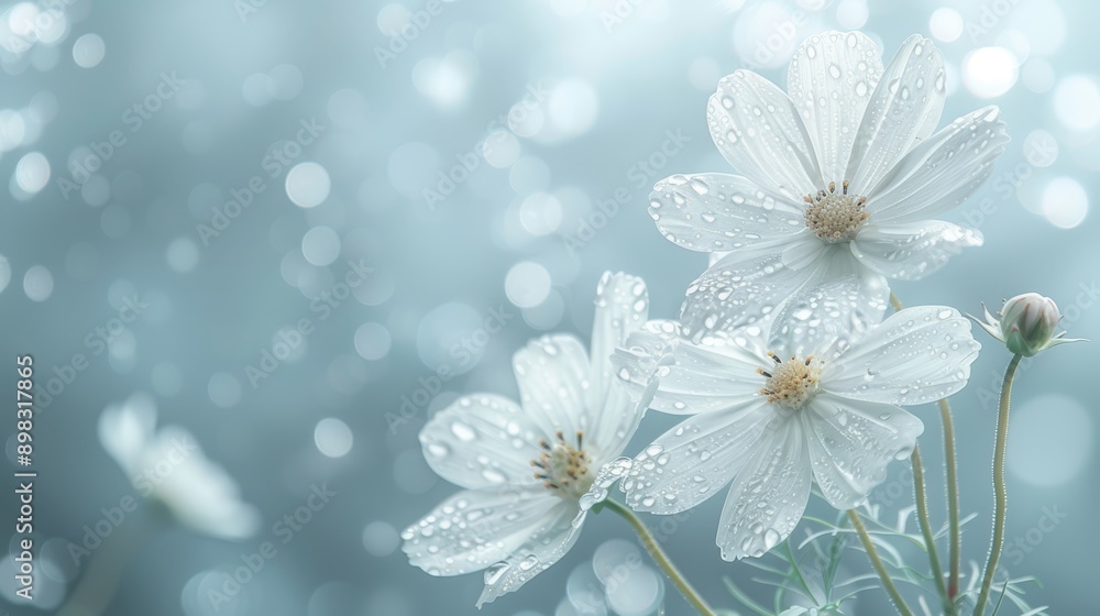 A group of white flowers with dewdrops, in front of a blue and white backdrop of soft light A group of white flowers with dewdrops, in front of a blue and white backdrop of soft light