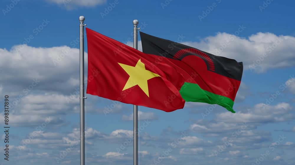 Malawi and Vietnam flags flying together, video concept of the relationship, two country relations concept Malawi and Vietnam flags flying together, video concept of the relationship, two country relations concept