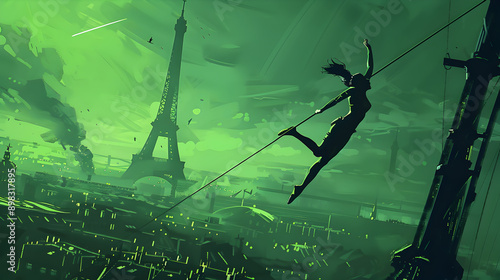 Fantasy Pole Vault: A fantasy-themed illustration of a pole vaulter with the Eiffel Tower in the background on a green background.


