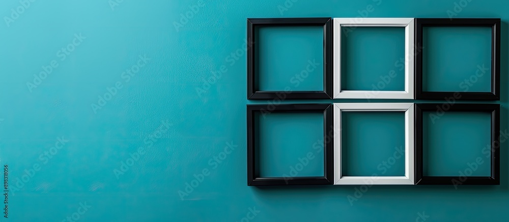 Blue background with a white and black photo frame and copy space image Blue background with a white and black photo frame and copy space image