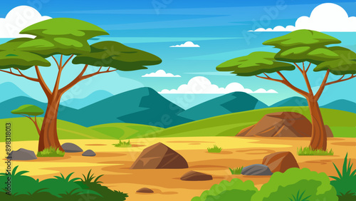 African savannah landscape with trees, rocks, and open grassland under a clear blue sky