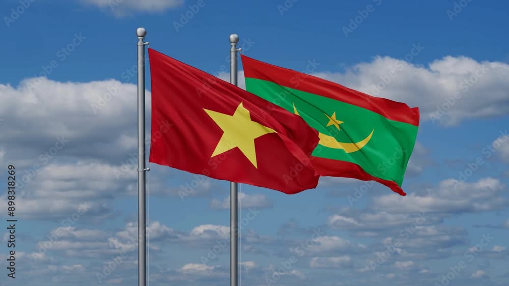 Mauritania and Vietnam flags flying together, video concept of the relationship, two country relations concept Mauritania and Vietnam flags flying together, video concept of the relationship, two country relations concept