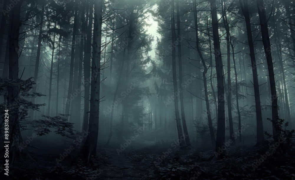 Naklejka premium A dark, misty forest with tall trees and a mysterious, ethereal atmosphere.