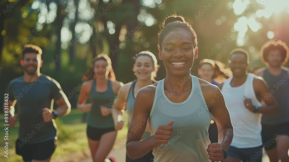 A diverse group of people of varying ages jog together in a park, exuding joy and vitality. The scene is filled with lush greenery A diverse group of people of varying ages jog together in a park, exuding joy and vitality. The scene is filled with lush greenery