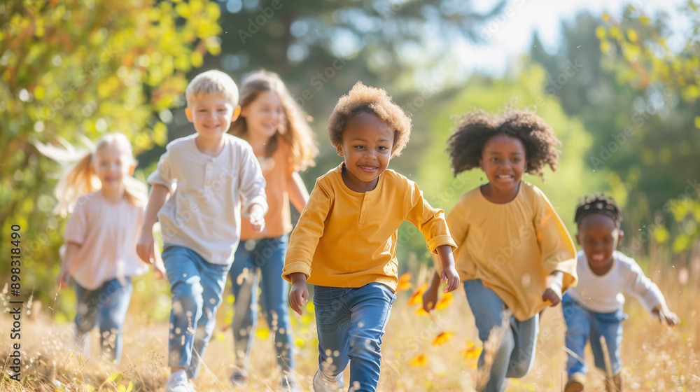 Fototapeta premium A group of happy, diverse children playing on a sunlit grassy field. The foreground features a child with curly hair and a bright smile, capturing the joy of a sunny day.