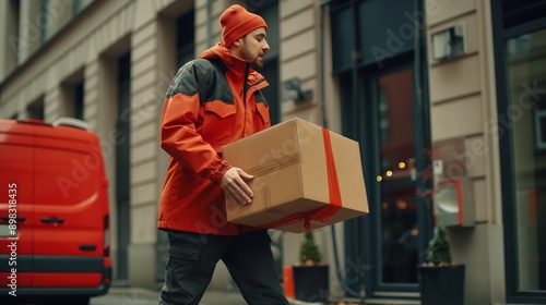 A delivery person dressed in an orange jacket and hat carries a large cardboard package while walking in front of a building and a red delivery van parked nearby.