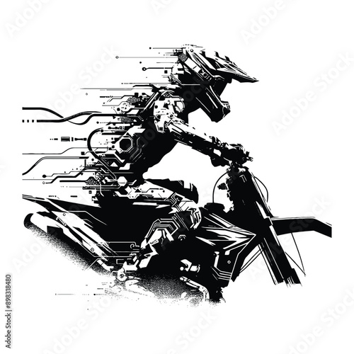 Motocross  female player in cyberpunk pattern illustration, emblem shield badge