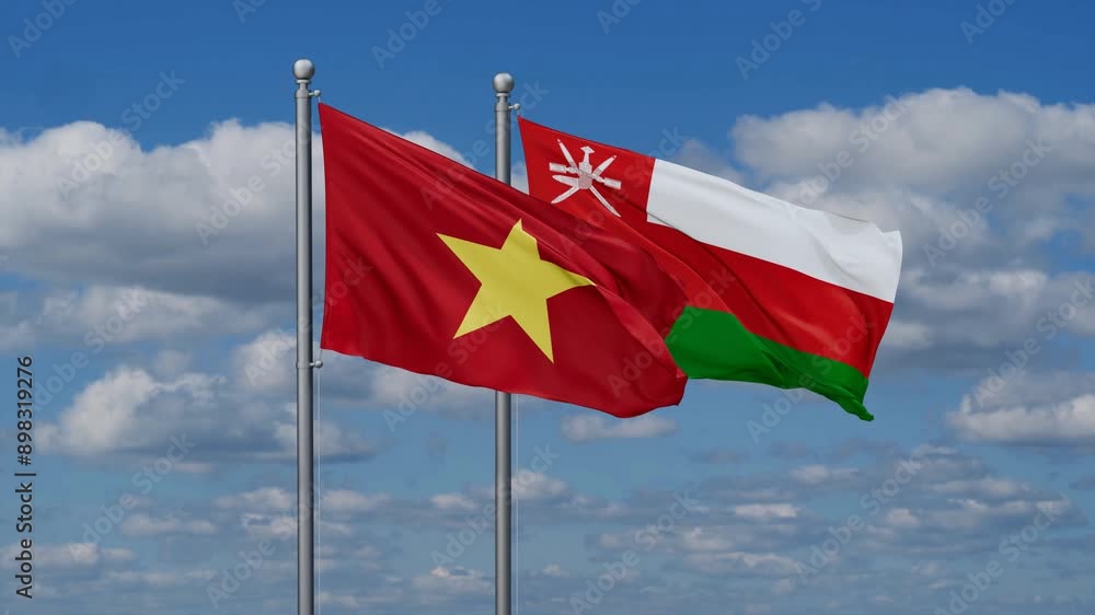 Oman and Vietnam flags flying together, video concept of the relationship, two country cooperation concept Oman and Vietnam flags flying together, video concept of the relationship, two country cooperation concept