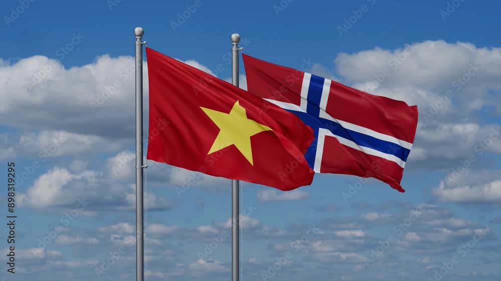 Norway and Vietnam flags flying together, video concept of the relationship, two country relations concept Norway and Vietnam flags flying together, video concept of the relationship, two country relations concept