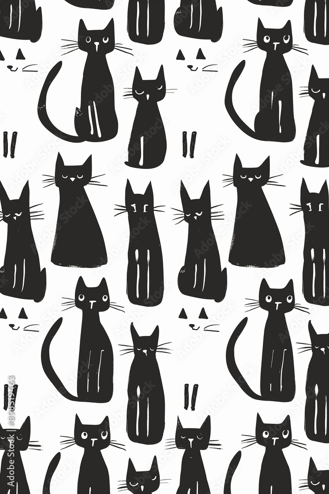 Fototapeta premium Minimalist pattern featuring simple black cat illustrations on a white background. The design showcases various playful cat poses, perfect for wallpapers and textiles.