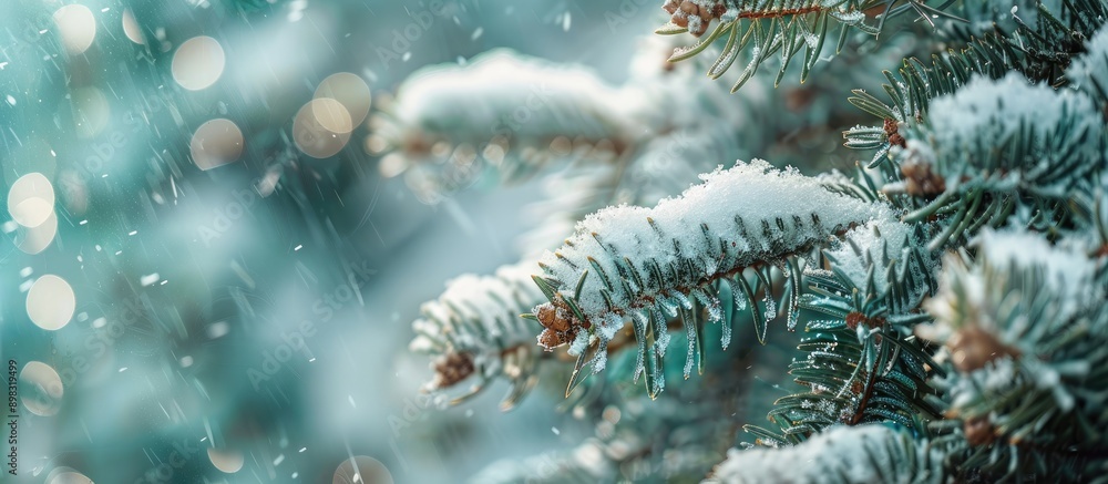 A close up image shows untouched soft white snow billowing on a green pine tree during cold winter weather with copy space image A close up image shows untouched soft white snow billowing on a green pine tree during cold winter weather with copy space image