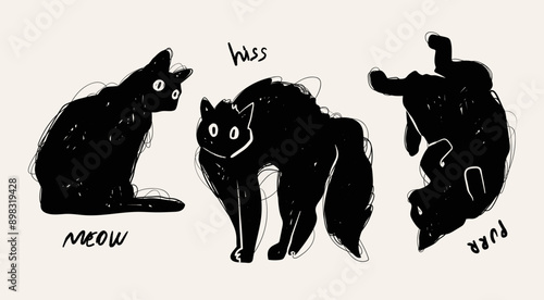 Black cats in different poses. Doodle sketch style. Sitting, laying on back, standing angry, surprising. Cute, adorable animal characters. Hand drawn Vector illustration. Isolated design elements