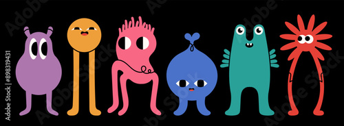 Abstract little Monsters or fantastic animals. Various quirky funny creatures. Cartoon childish style. Cute characters. Colorful hand drawn Vector illustration. Isolated design elements