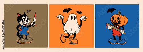 Ghost, Pumpkin head with baseball bat, Cat with knife. Halloween concept. Hand drawn modern Vector illustration. Isolated design elements. Cute creepy, scary, funny characters. Cartoon retro style
