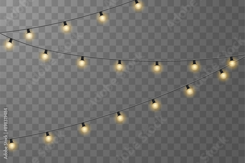 Christmas lights isolated on checkered vector background. Set of Christmas glowing garlands. For advertising invitations, web banners, postcards. Vector