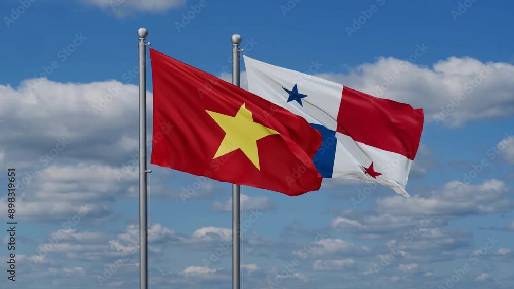 Panama and Vietnam flags flying together, video concept of the relationship, two country relations concept Panama and Vietnam flags flying together, video concept of the relationship, two country relations concept