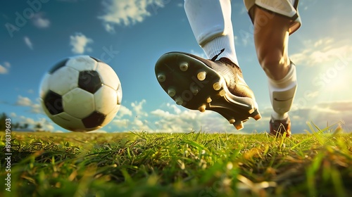 Side view of a football boot striking a soccer ball on a grass field during a sunny day