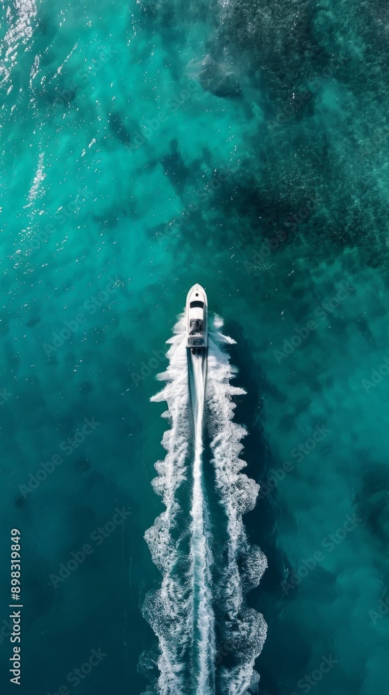 Obraz premium A white boat speeds through clear blue water, leaving a trail of white foam.