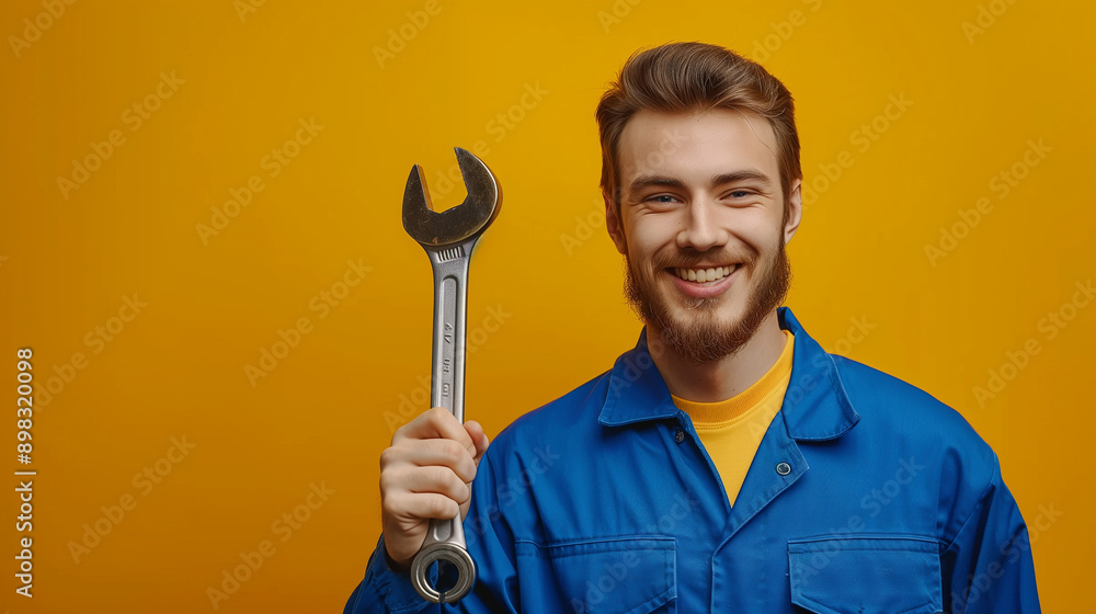 Cheerful mechanic in a blue uniform, holding a large wrench, against a bright yellow background. His smile and pose exude confidence and friendliness. Cheerful mechanic in a blue uniform, holding a large wrench, against a bright yellow background. His smile and pose exude confidence and friendliness.
