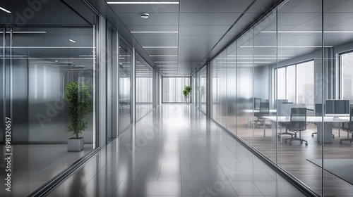 A sleek, modern office corridor featuring glass walls, minimalistic design, potted plants, and workstations, depicting a contemporary corporate environment. photo