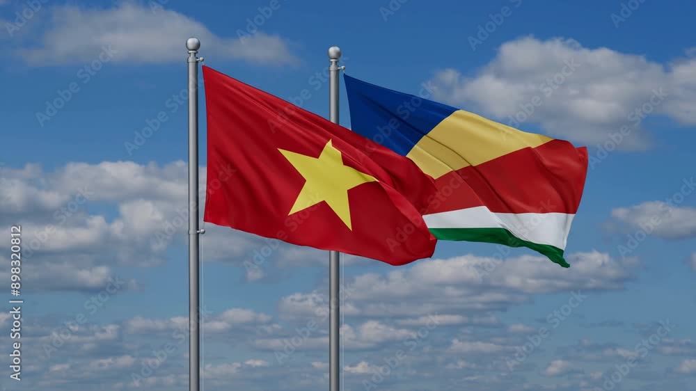 Seychelles and Vietnam flags flying together, video concept of the relationship, two country relations concept Seychelles and Vietnam flags flying together, video concept of the relationship, two country relations concept