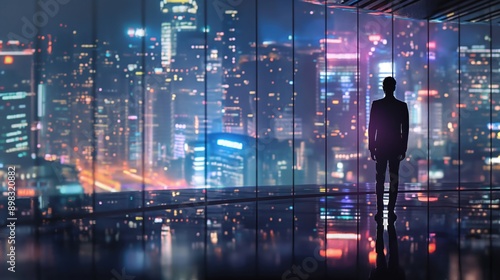 A person stands in silhouette against a stunning, brightly lit city skyline, viewed through a large glass window at night, evoking feelings of ambition and mystery.