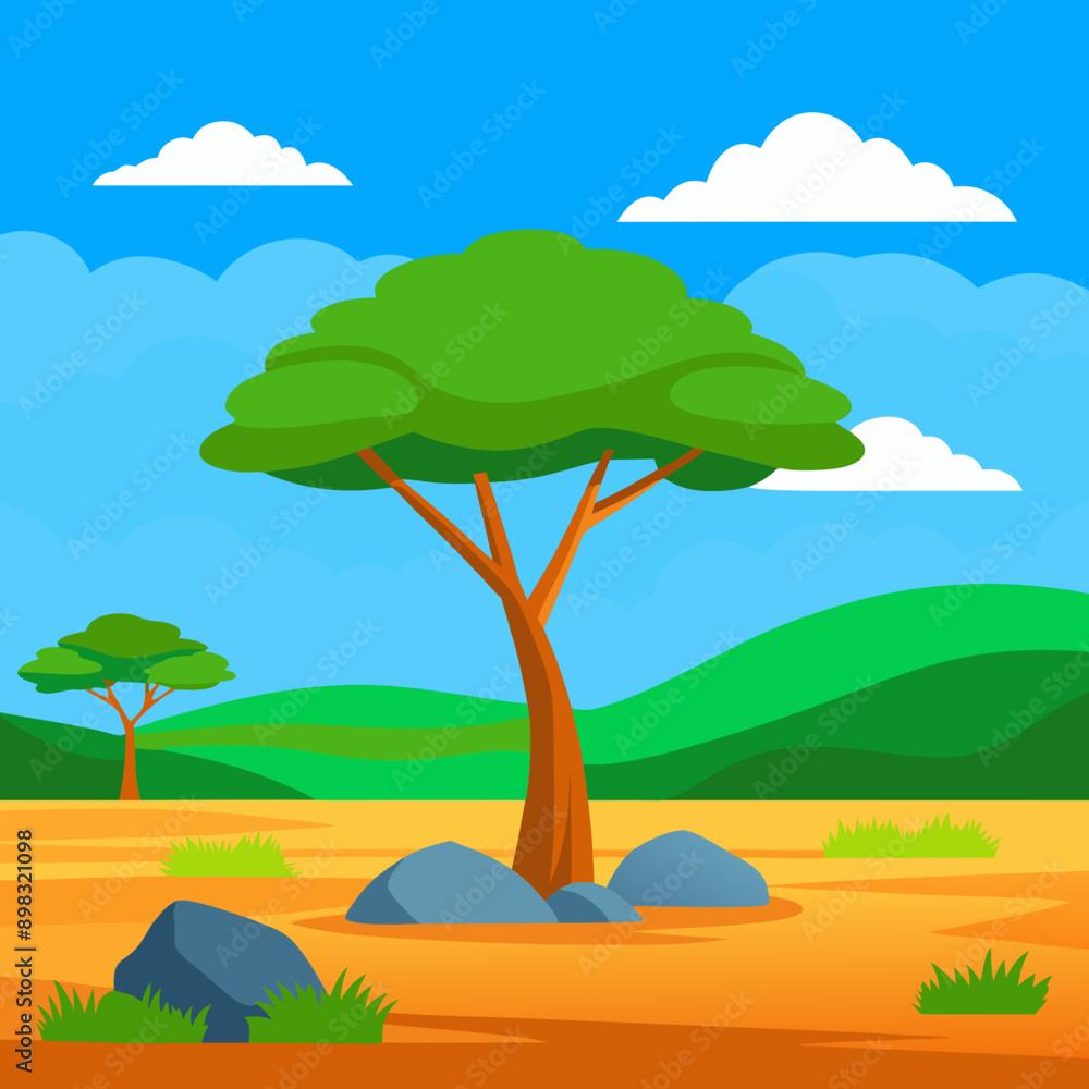 African savannah landscape with trees, rocks, and open grassland under a clear blue sky African savannah landscape with trees, rocks, and open grassland under a clear blue sky