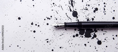 Flat lay of a chic fountain pen on ink splattered paper with room for text in the copy space image