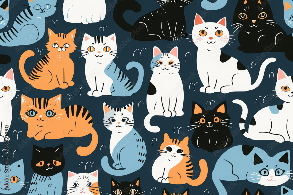 Illustrated pattern of various cats faces in different colors. Minimalistic and simple style design. Drawing cat poster Illustrated pattern of various cats faces in different colors. Minimalistic and simple style design. Drawing cat poster