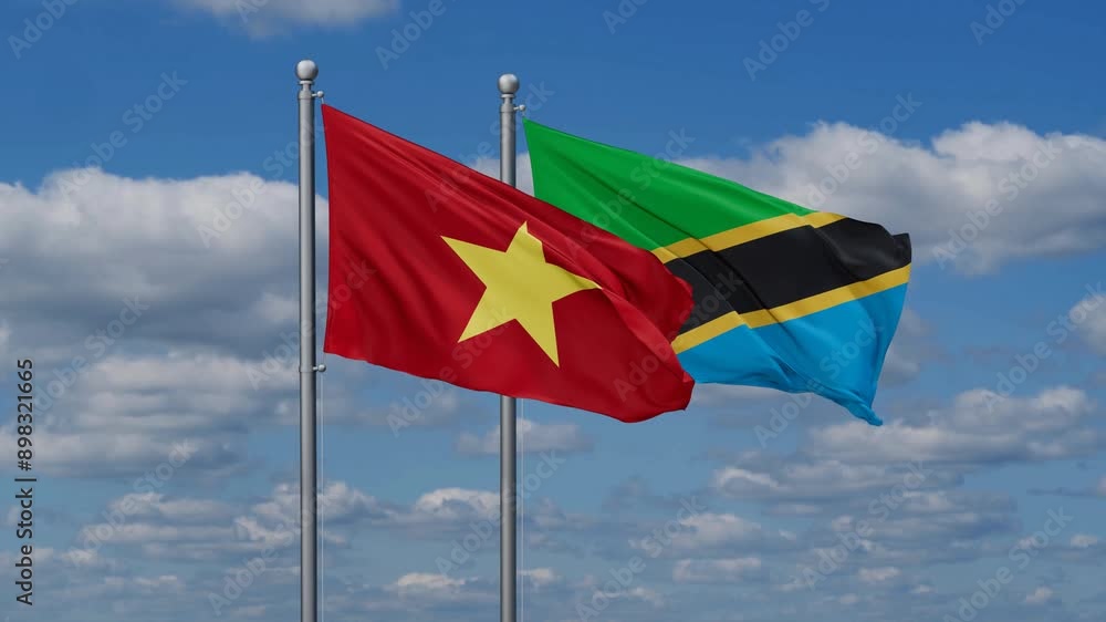 Tanzania and Vietnam flags flying together, video concept of the relationship, two country relations concept Tanzania and Vietnam flags flying together, video concept of the relationship, two country relations concept